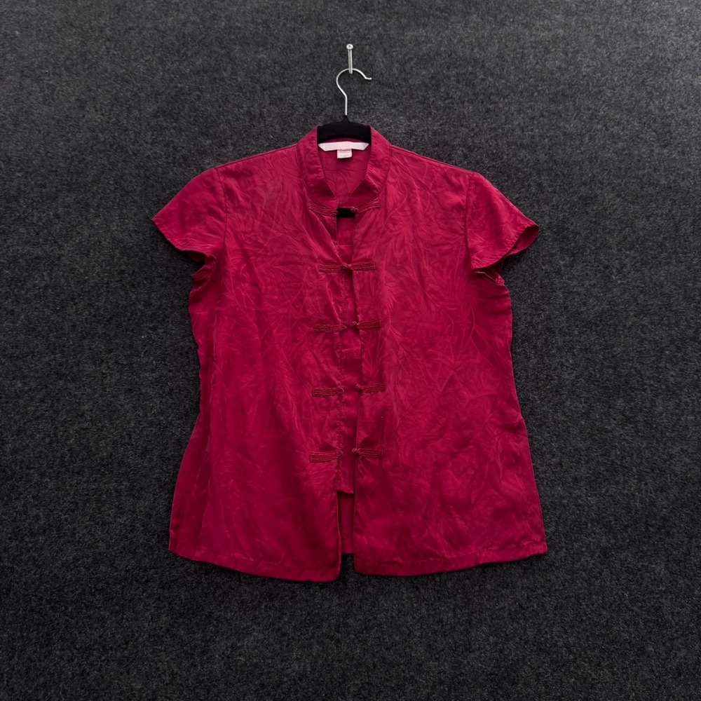 Victorias Secret Red 100% Silk Jacquard Frog Button Mandarin Collar Top XS